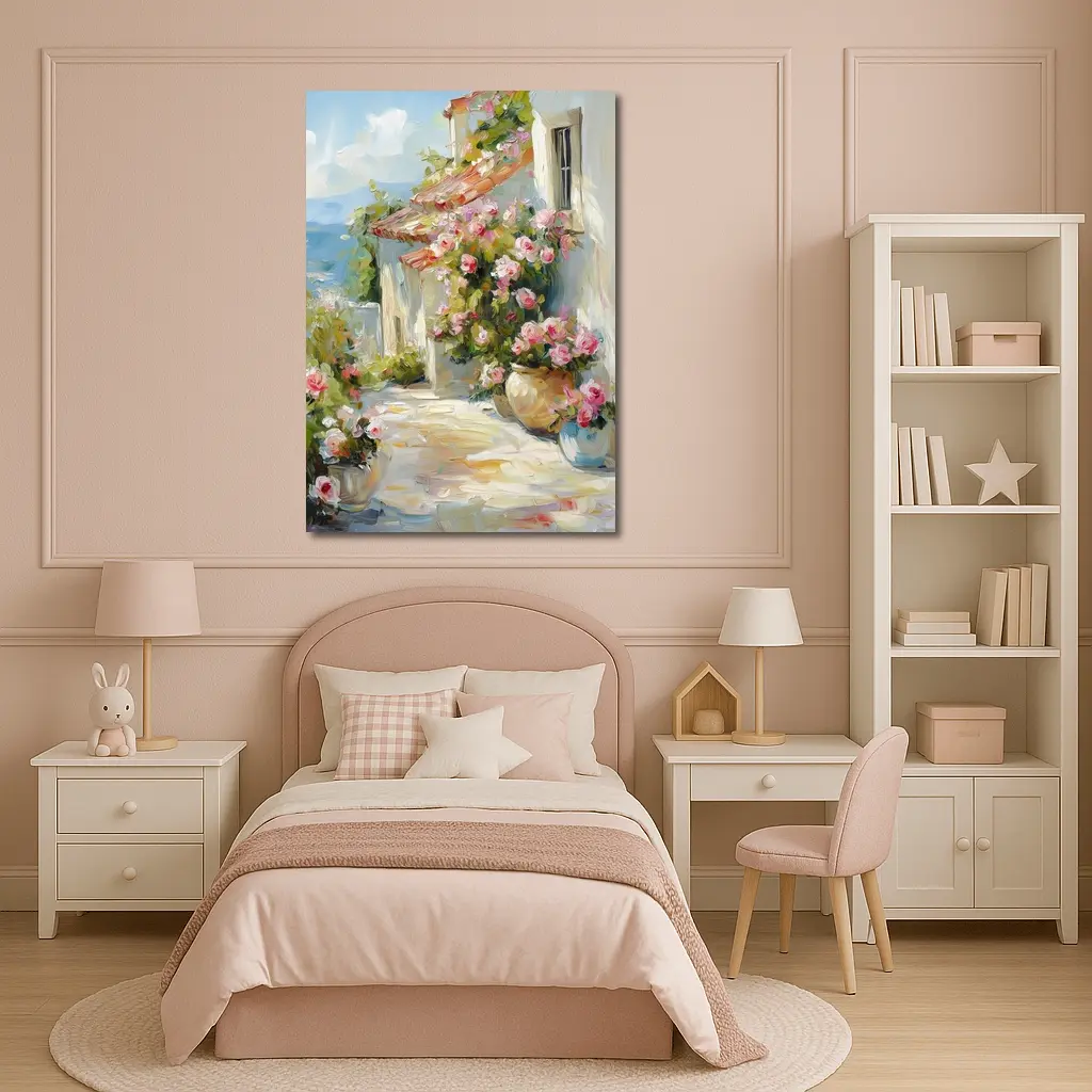 Mediterranean Cottage Pink Roses Oil Painting – Wall Art