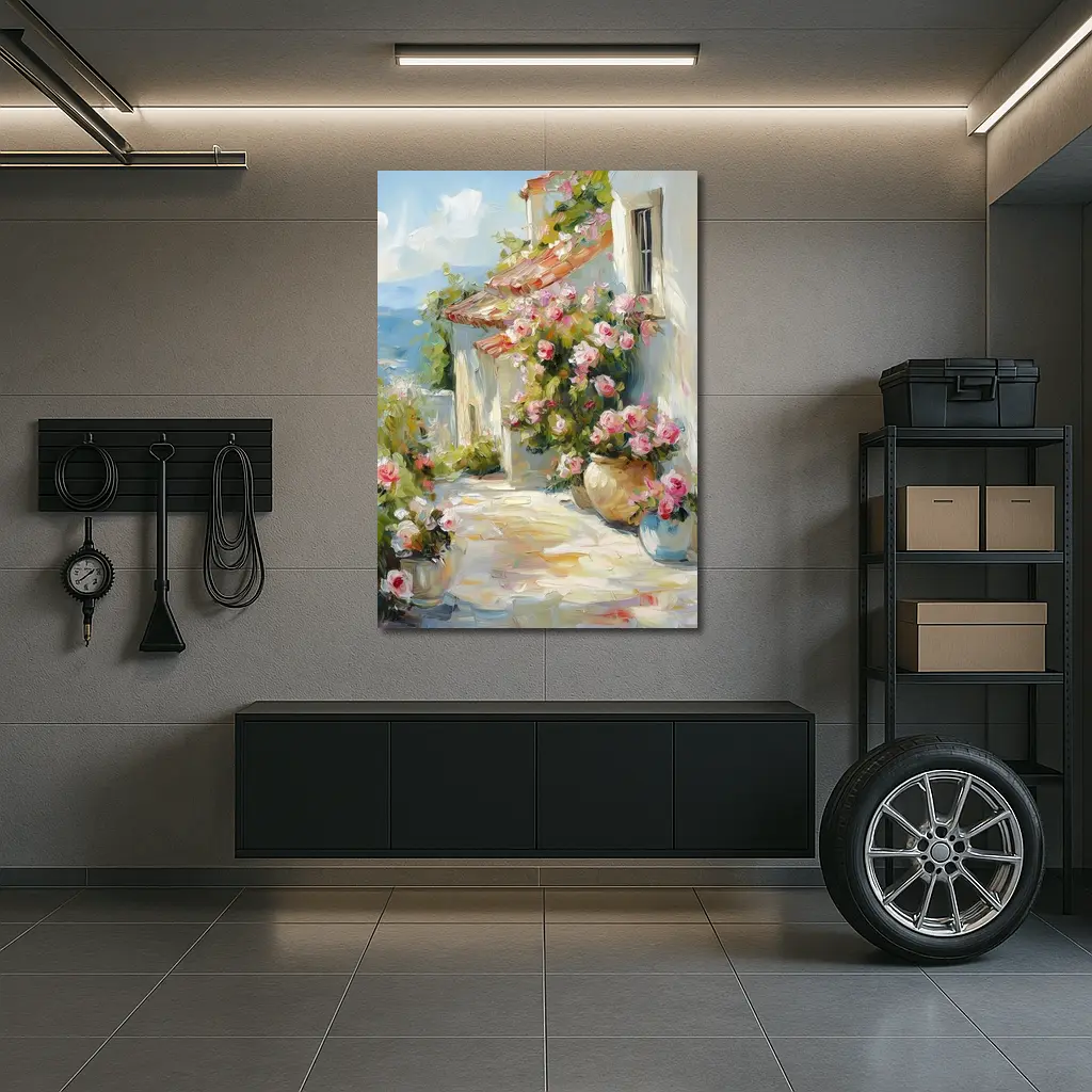 Mediterranean Cottage Pink Roses Oil Painting – Wall Art