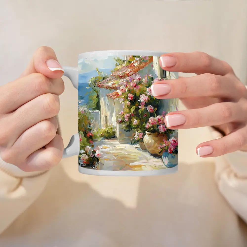 Mediterranean Cottage Pink Roses Oil Painting – Mugs