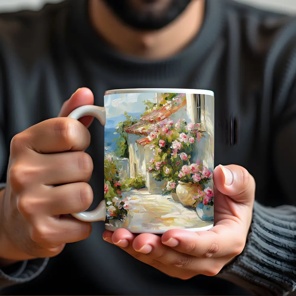 Mediterranean Cottage Pink Roses Oil Painting – Mugs