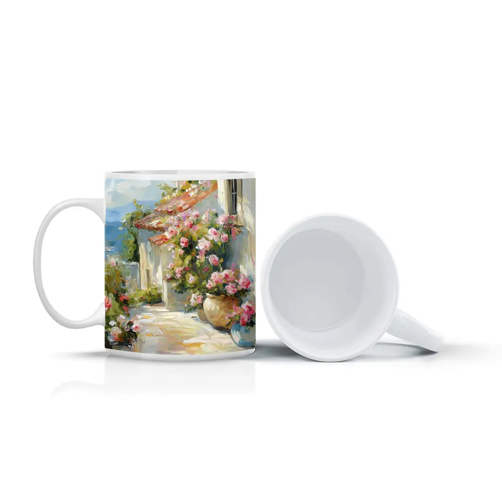 Mediterranean Cottage Pink Roses Oil Painting – Mugs