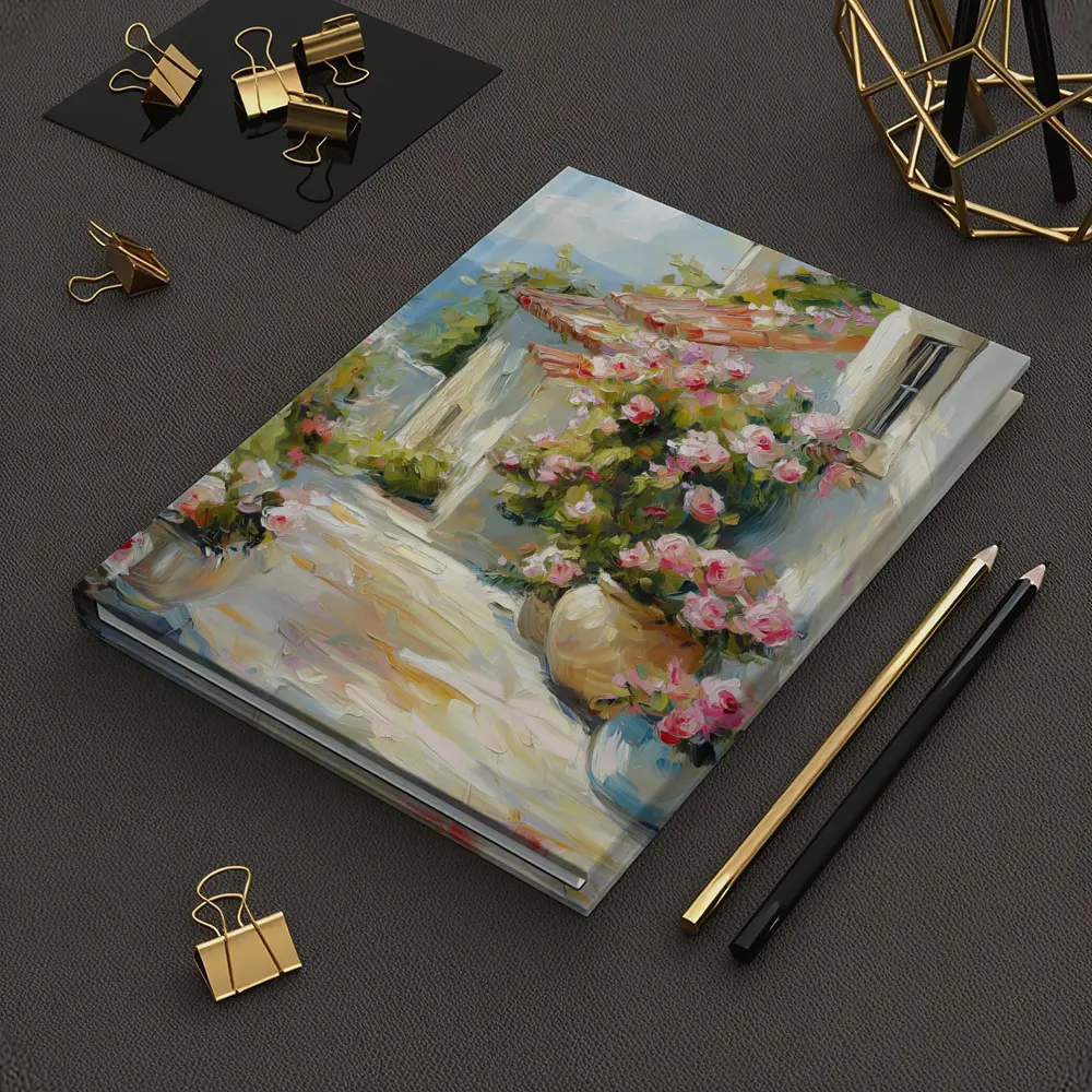 Mediterranean Cottage Pink Roses Oil Painting – Notebooks