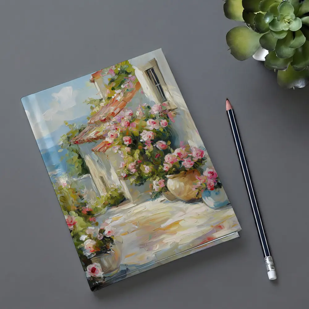 Mediterranean Cottage Pink Roses Oil Painting – Notebooks
