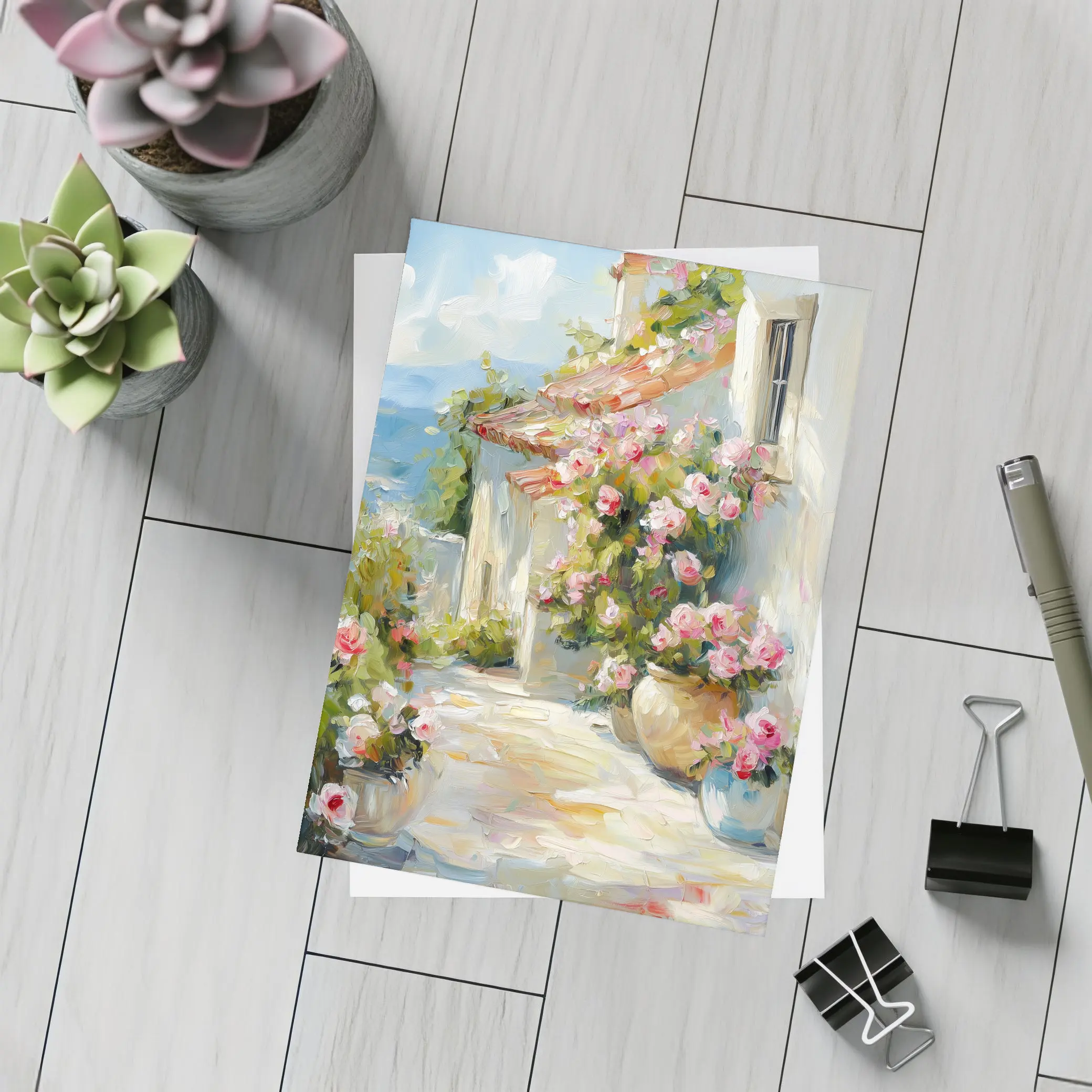 Mediterranean Cottage Pink Roses Oil Painting – Postcards