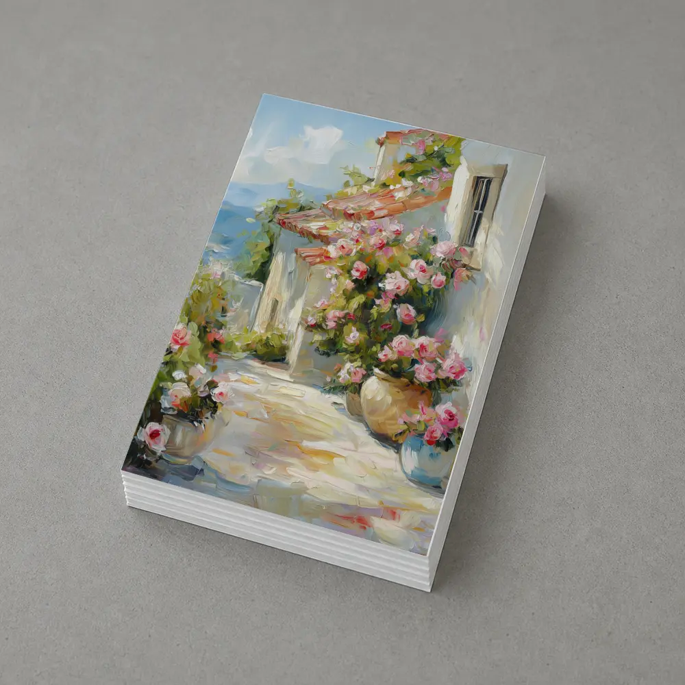 Mediterranean Cottage Pink Roses Oil Painting – Postcards