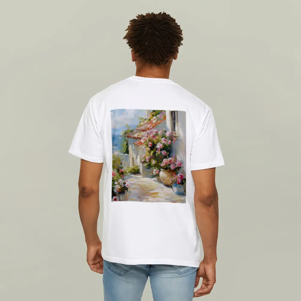 Mediterranean Cottage Pink Roses Oil Painting – T-Shirts