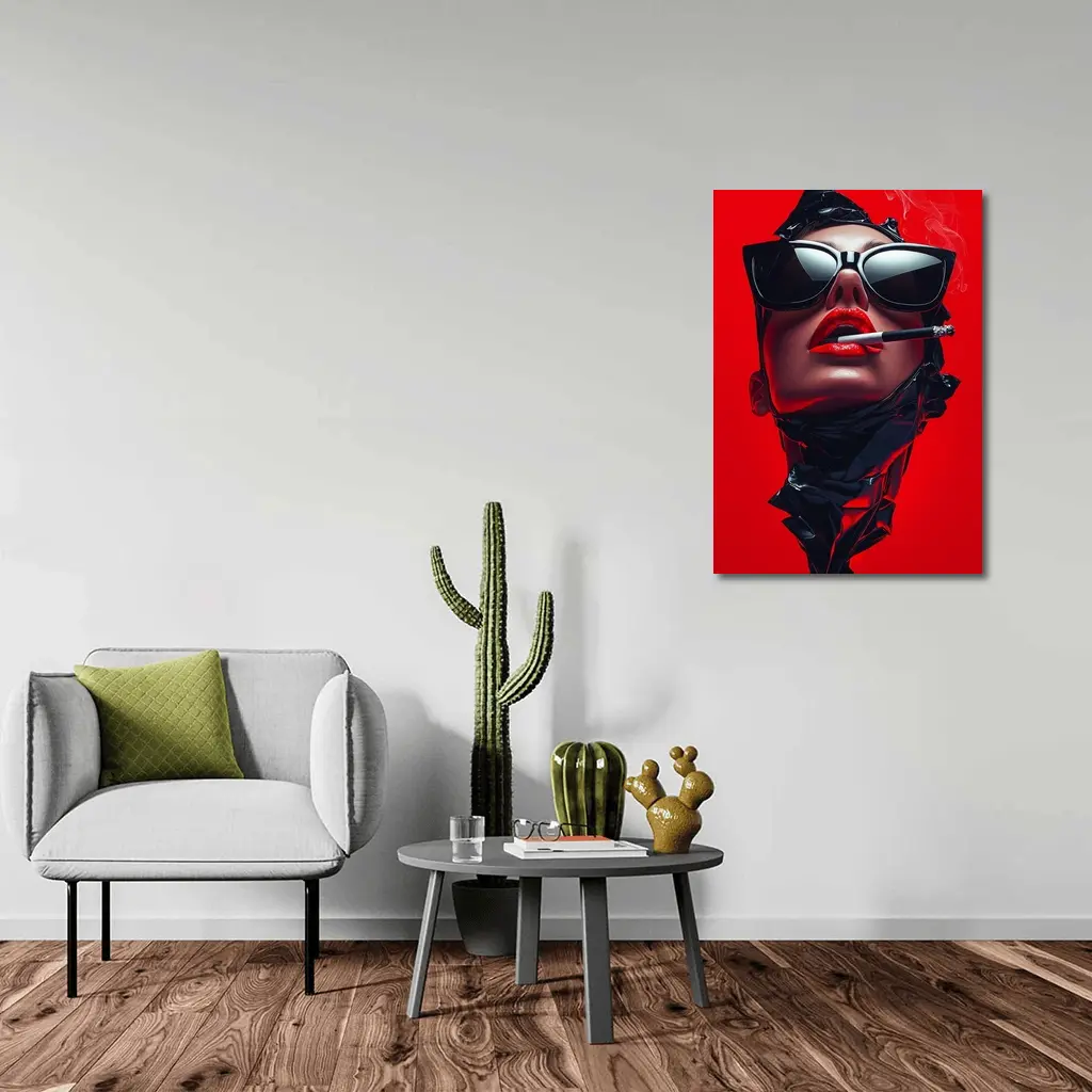 Woman Sunglasses Smoking Red Background Pop Art – Wall Art