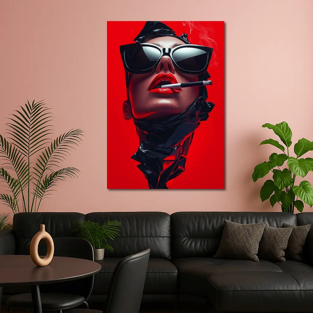 Woman Sunglasses Smoking Red Background Pop Art – Wall Art