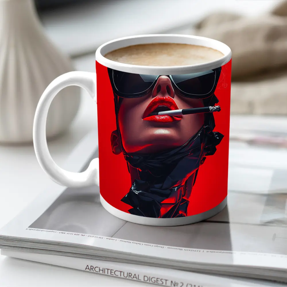 Woman Sunglasses Smoking Red Background Pop Art – Mugs