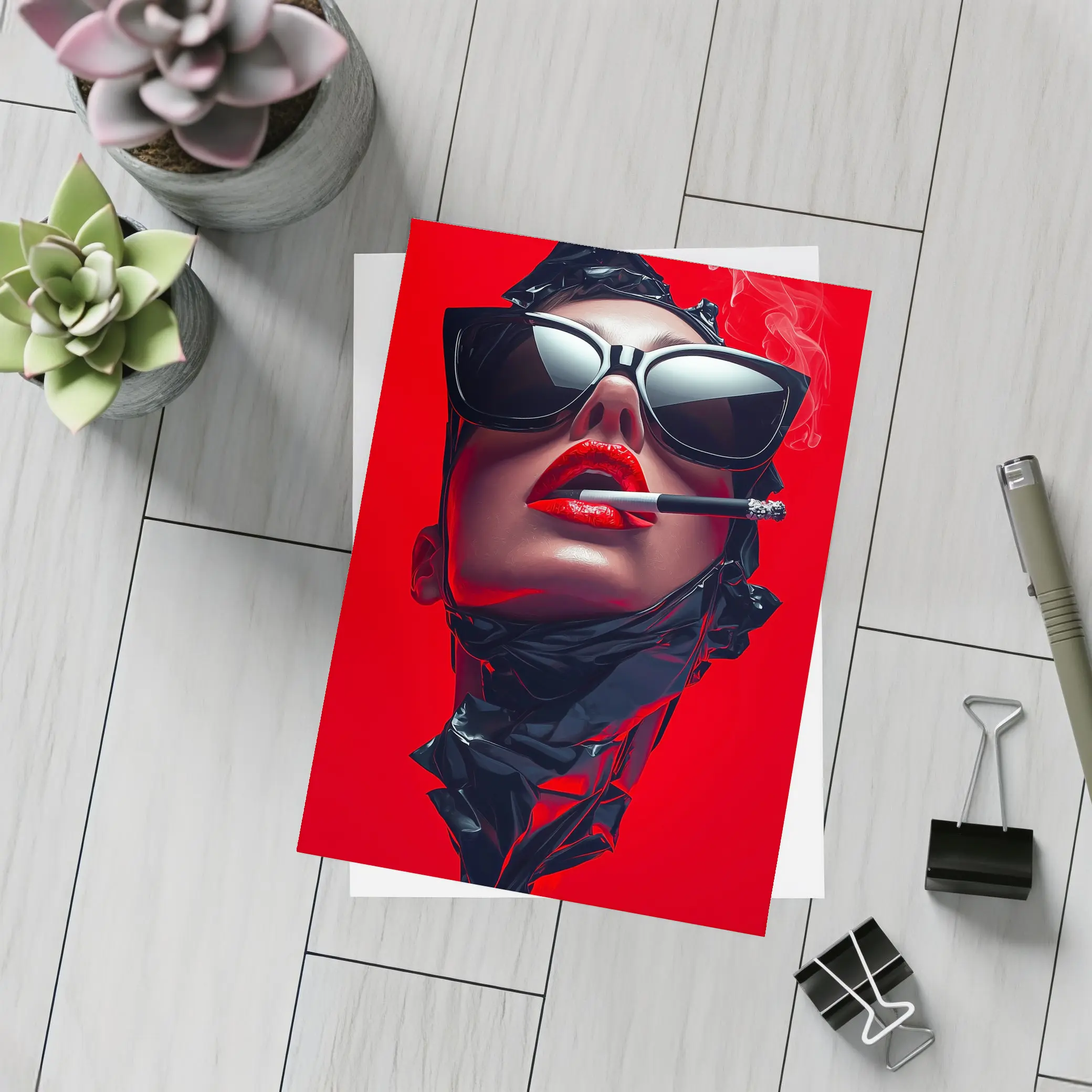 Woman Sunglasses Smoking Red Background Pop Art – Postcards