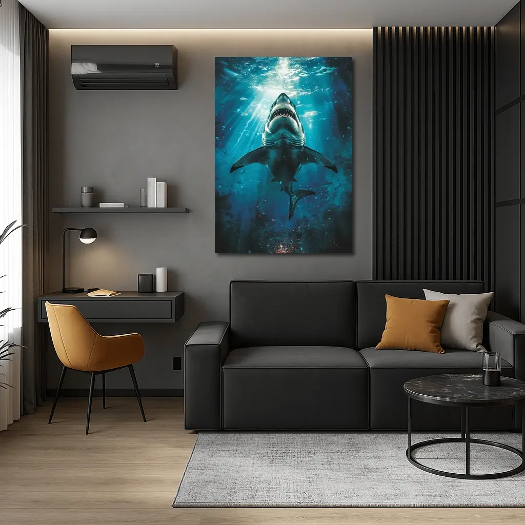 Great White Shark Swimming Deep Blue Ocean – Wall Art
