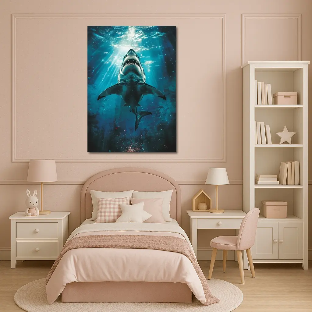 Great White Shark Swimming Deep Blue Ocean – Wall Art