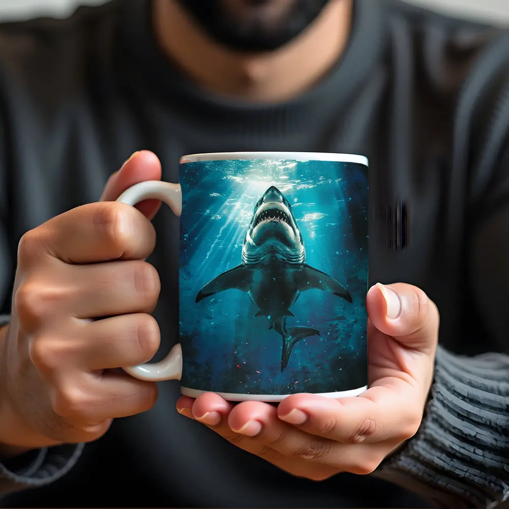 Great White Shark Swimming Deep Blue Ocean – Mugs