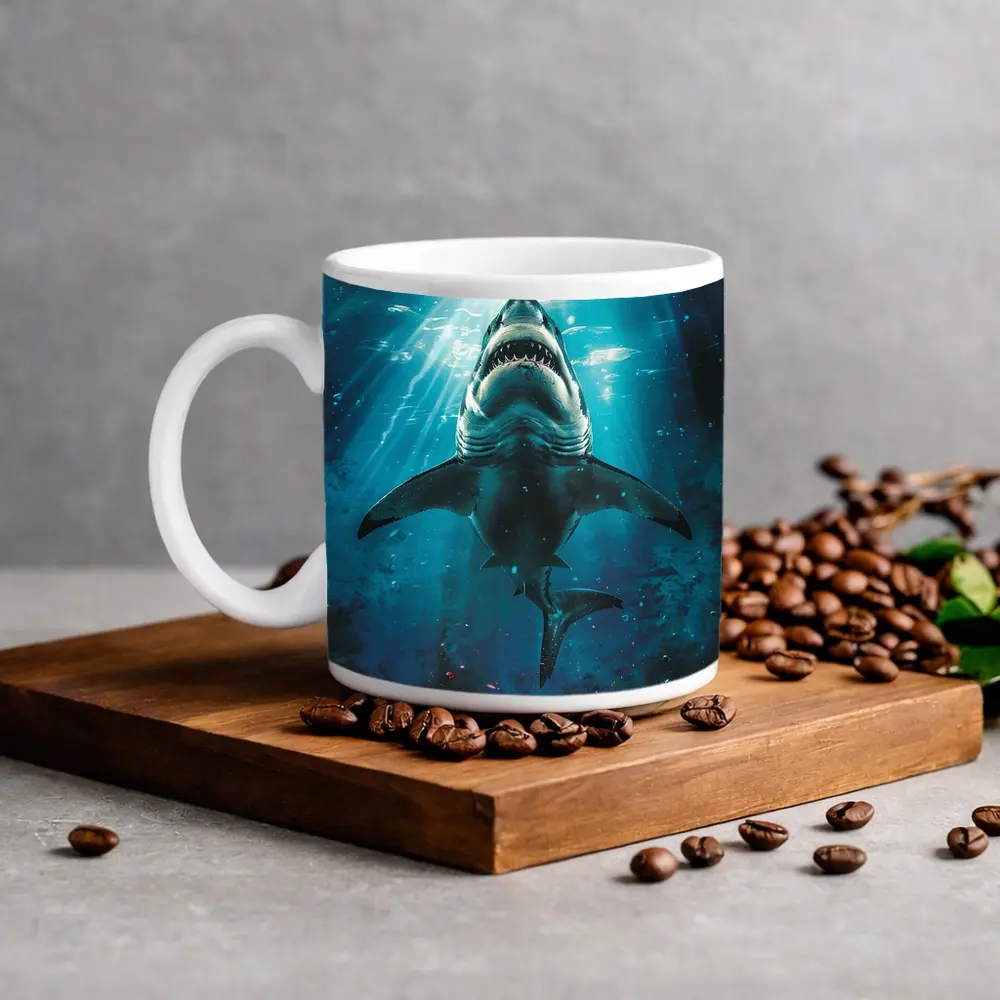 Great White Shark Swimming Deep Blue Ocean – Mugs