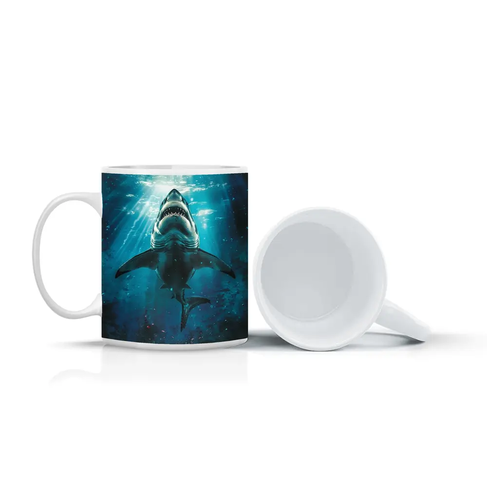 Great White Shark Swimming Deep Blue Ocean – Mugs