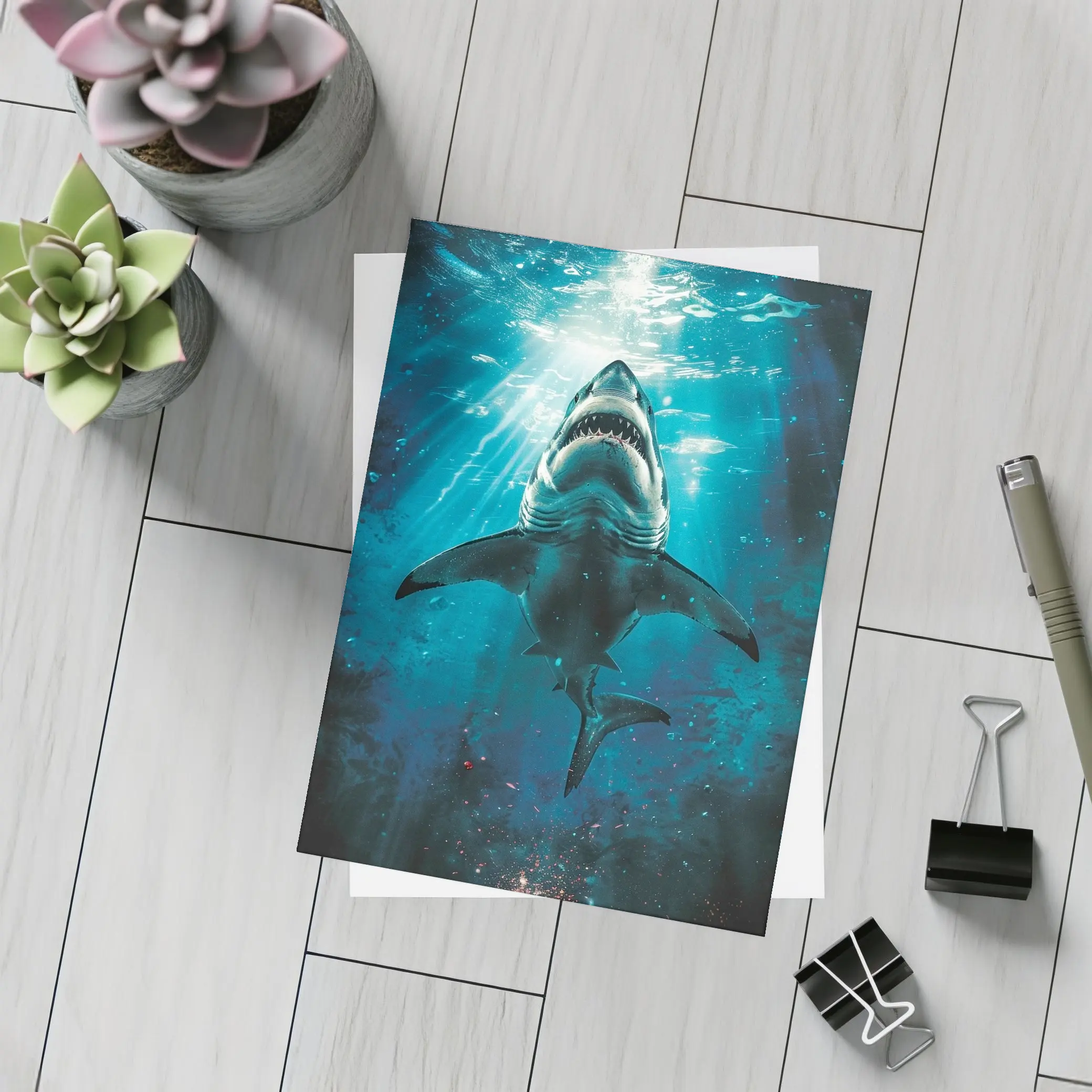 Great White Shark Swimming Deep Blue Ocean – Postcards
