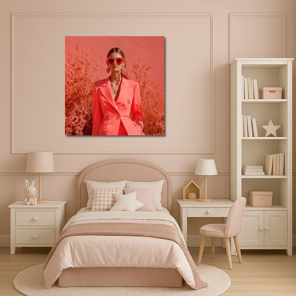 Fashion Woman Coral Suit Floral Background – Wall Art