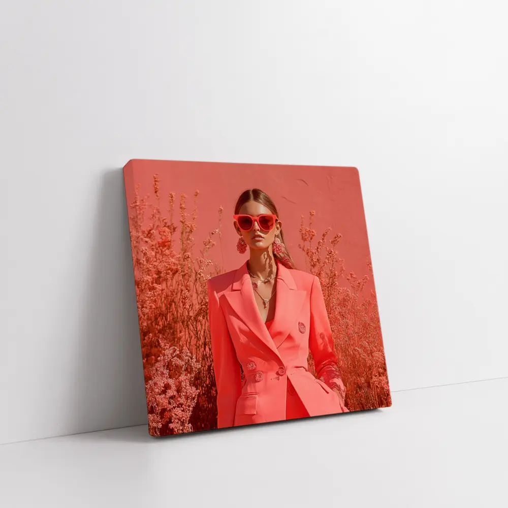 Fashion Woman Coral Suit Floral Background – Wall Art