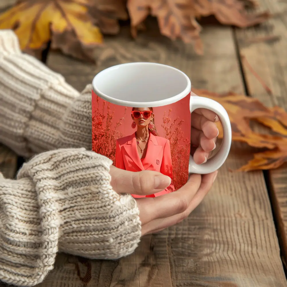 Fashion Woman Coral Suit Floral Background – Mugs