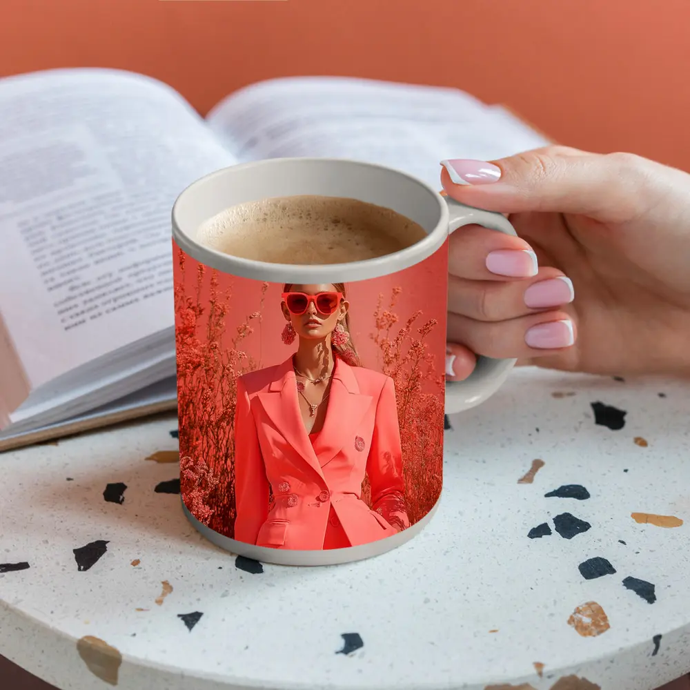 Fashion Woman Coral Suit Floral Background – Mugs