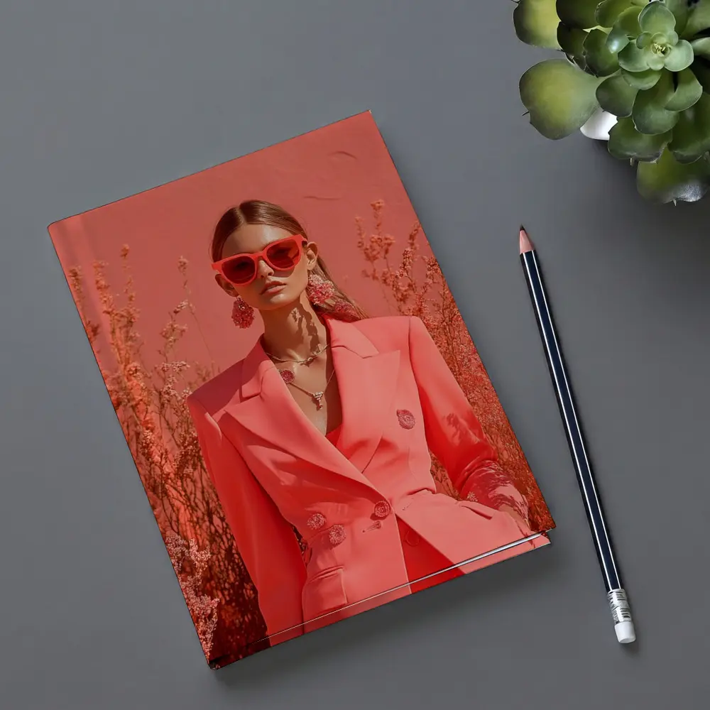 Fashion Woman Coral Suit Floral Background – Notebooks