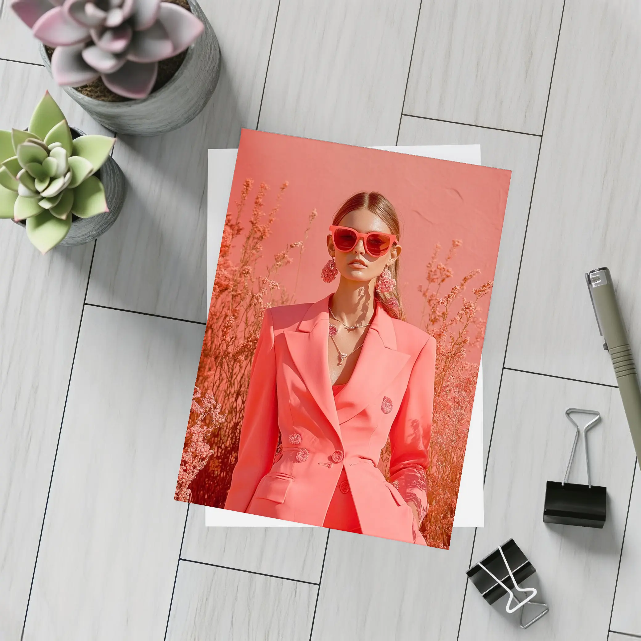 Fashion Woman Coral Suit Floral Background – Postcards