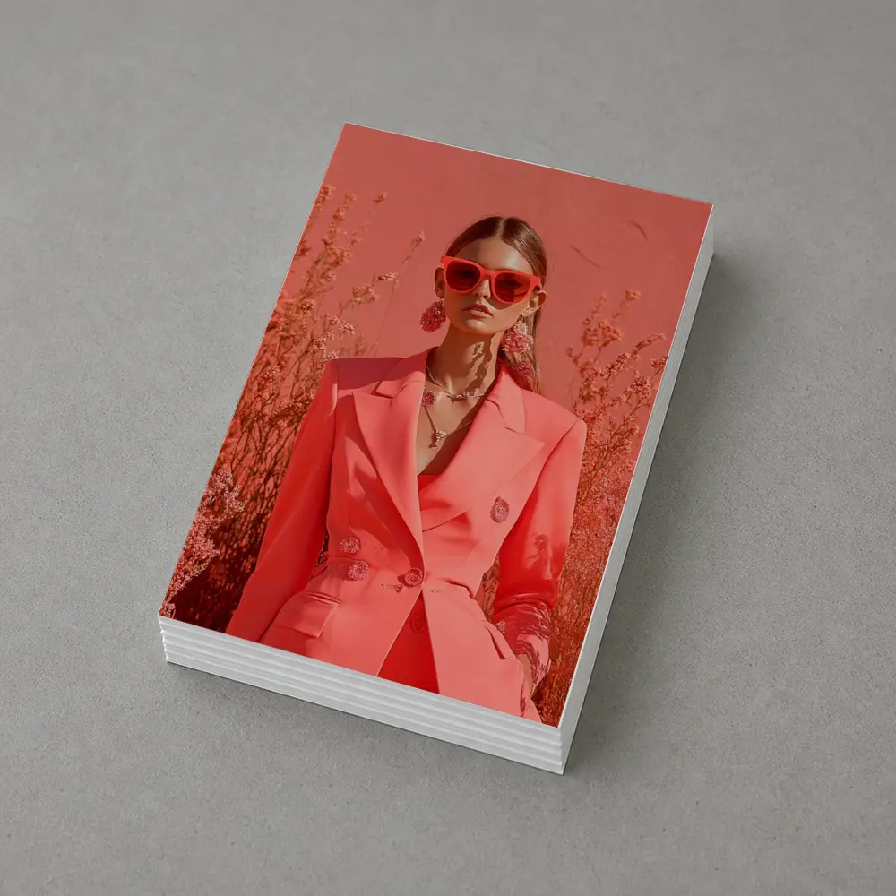 Fashion Woman Coral Suit Floral Background – Postcards