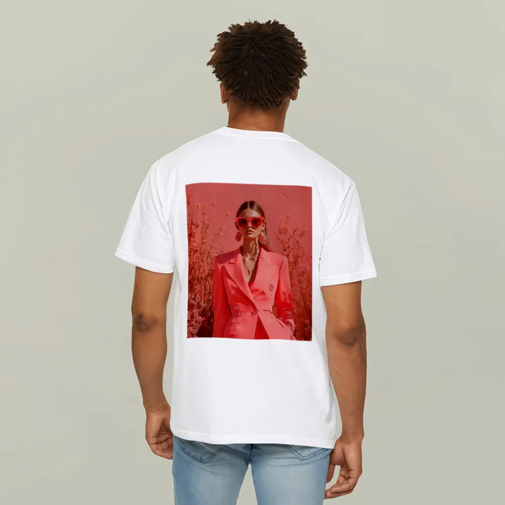 Fashion Woman Coral Suit Floral Background – T-Shirts