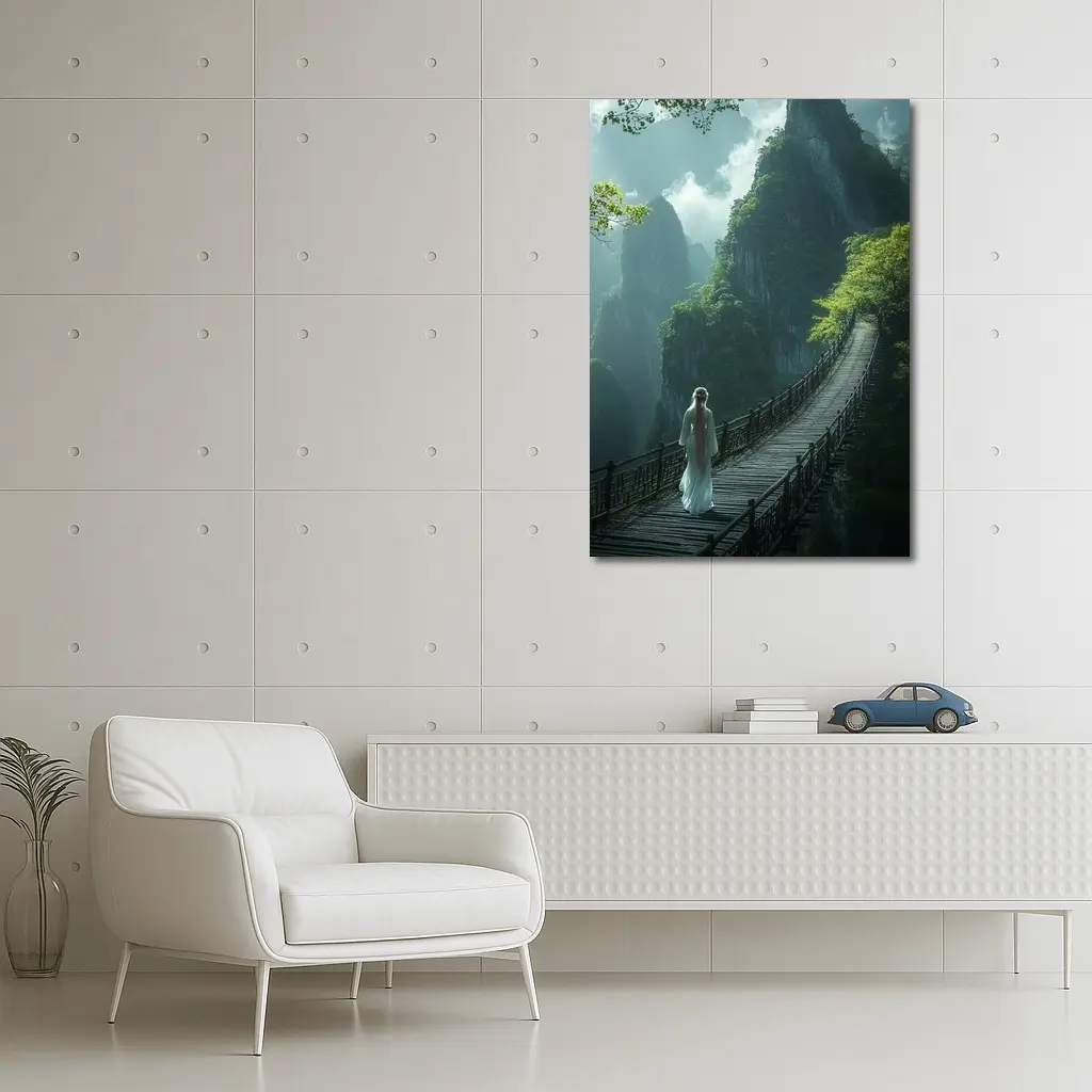 Woman in White Dress on Mountain Bridge – Wall Art
