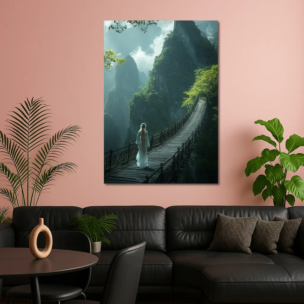 Woman in White Dress on Mountain Bridge – Wall Art