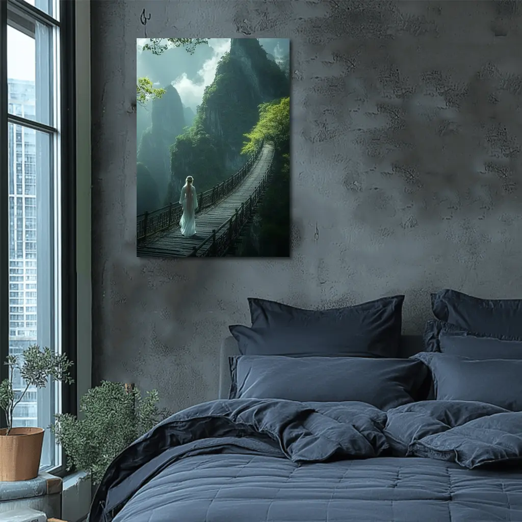 Woman in White Dress on Mountain Bridge – Wall Art