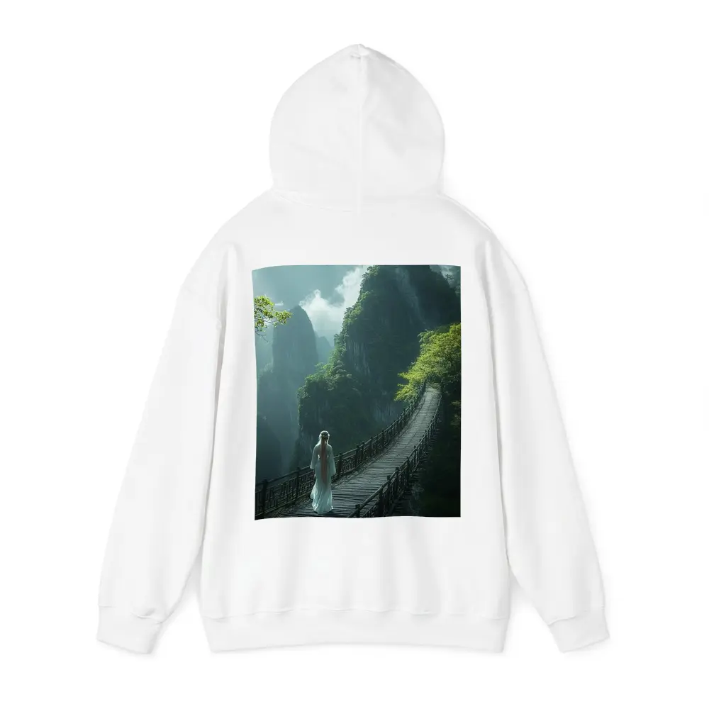 Woman in White Dress on Mountain Bridge – Hoodies