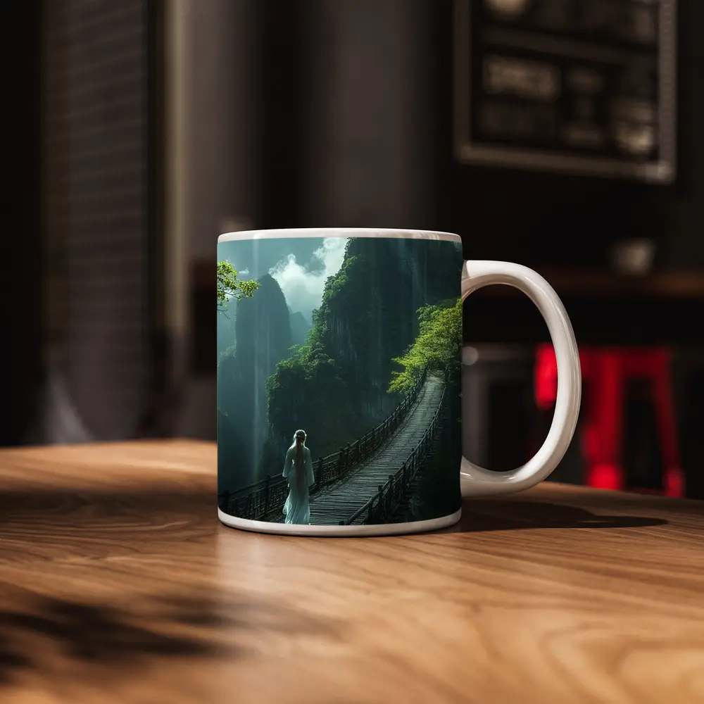 Woman in White Dress on Mountain Bridge – Mugs
