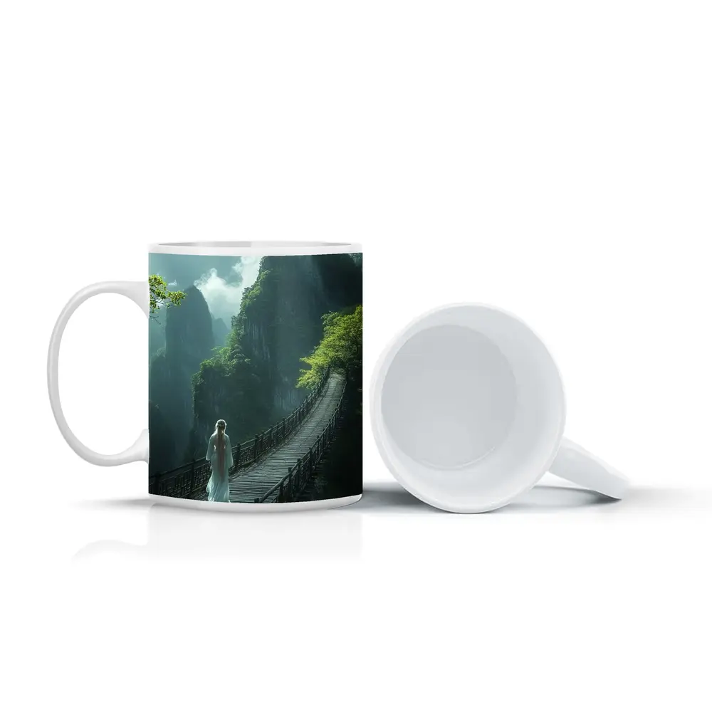 Woman in White Dress on Mountain Bridge – Mugs