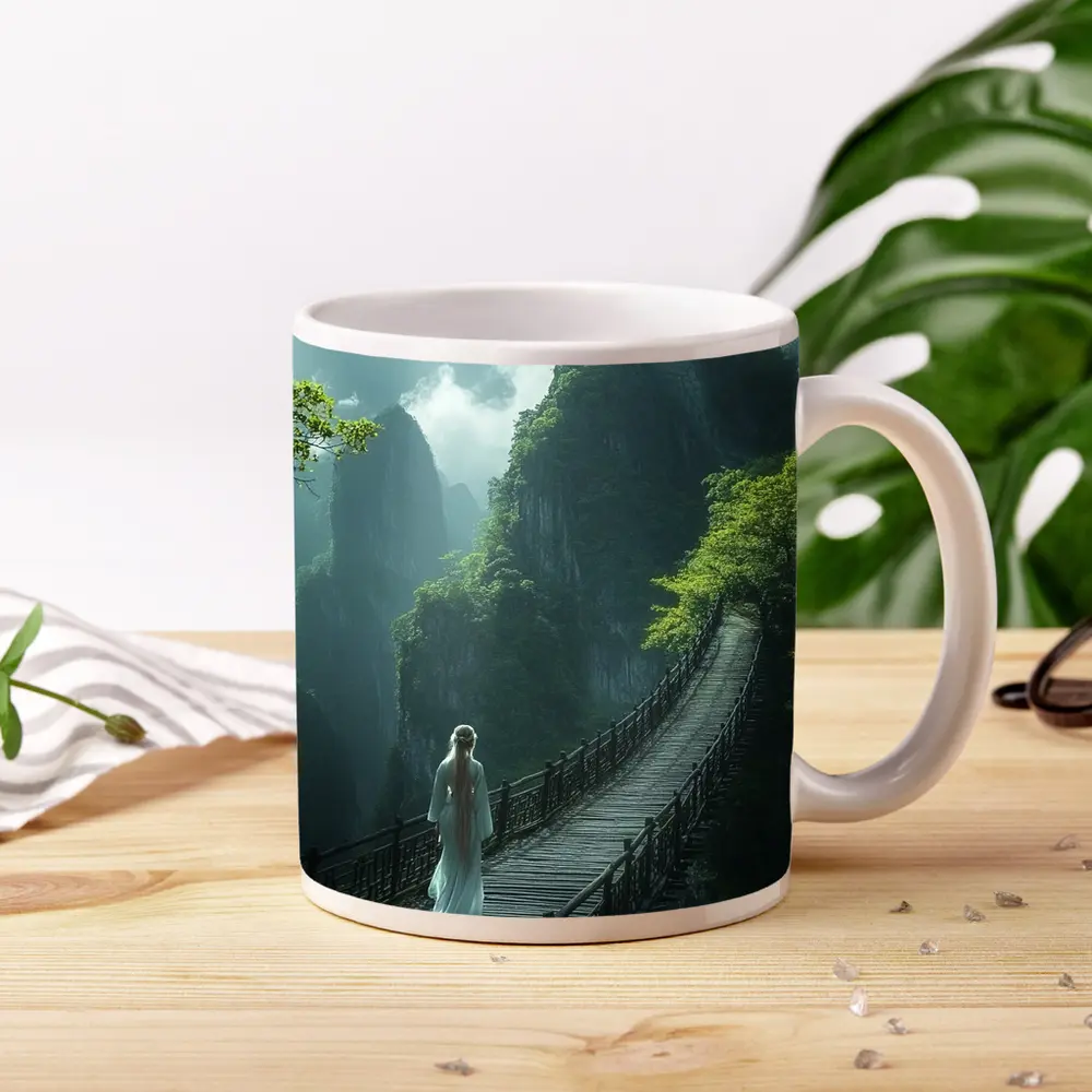 Woman in White Dress on Mountain Bridge – Mugs