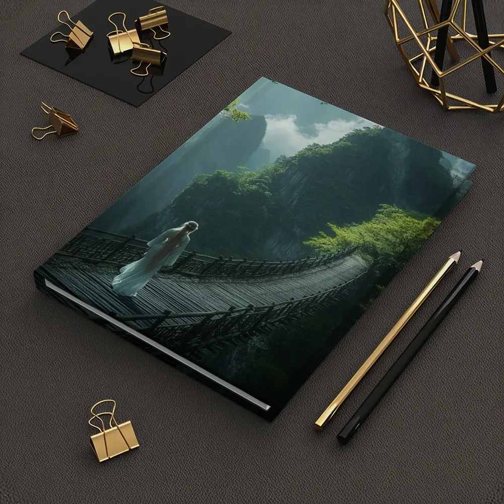 Woman in White Dress on Mountain Bridge – Notebooks