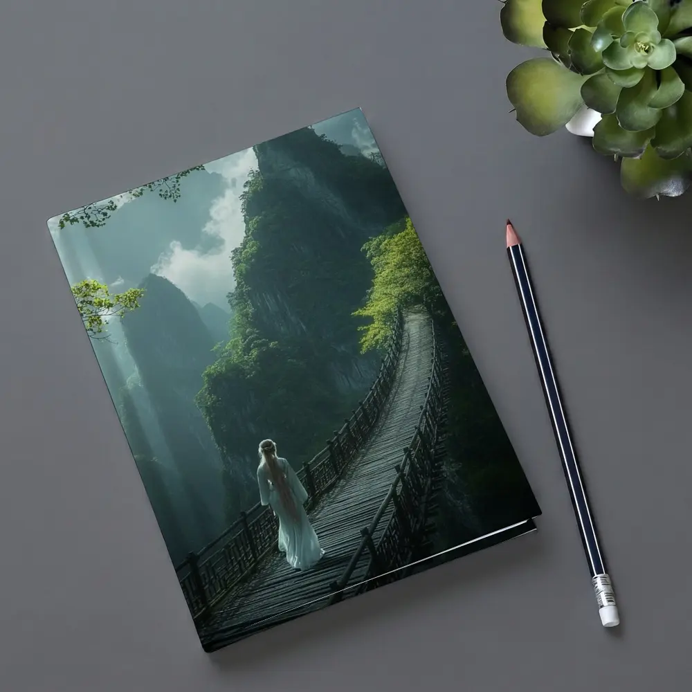 Woman in White Dress on Mountain Bridge – Notebooks