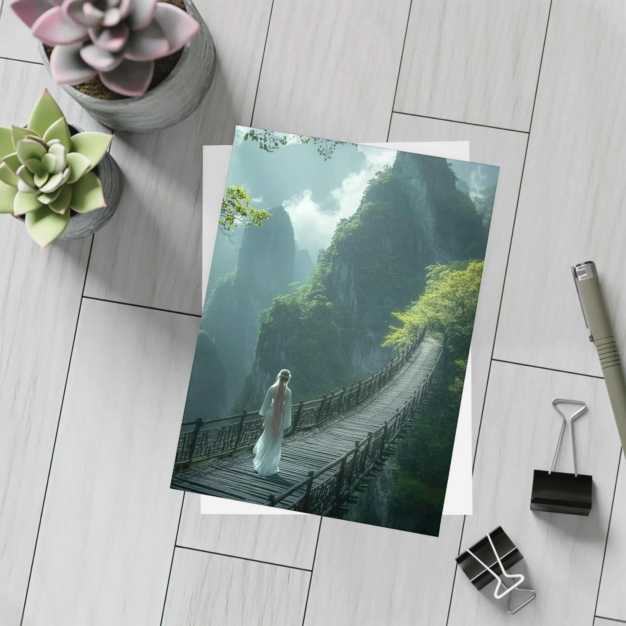 Woman in White Dress on Mountain Bridge – Postcards