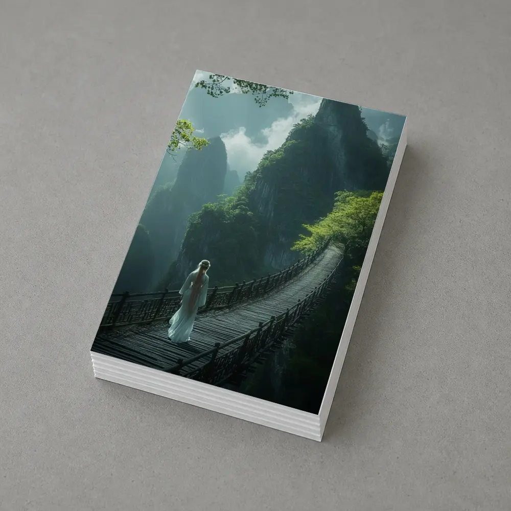 Woman in White Dress on Mountain Bridge – Postcards