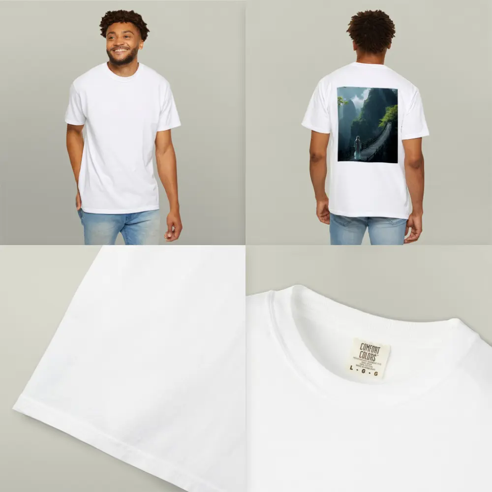 Woman in White Dress on Mountain Bridge – T-Shirts