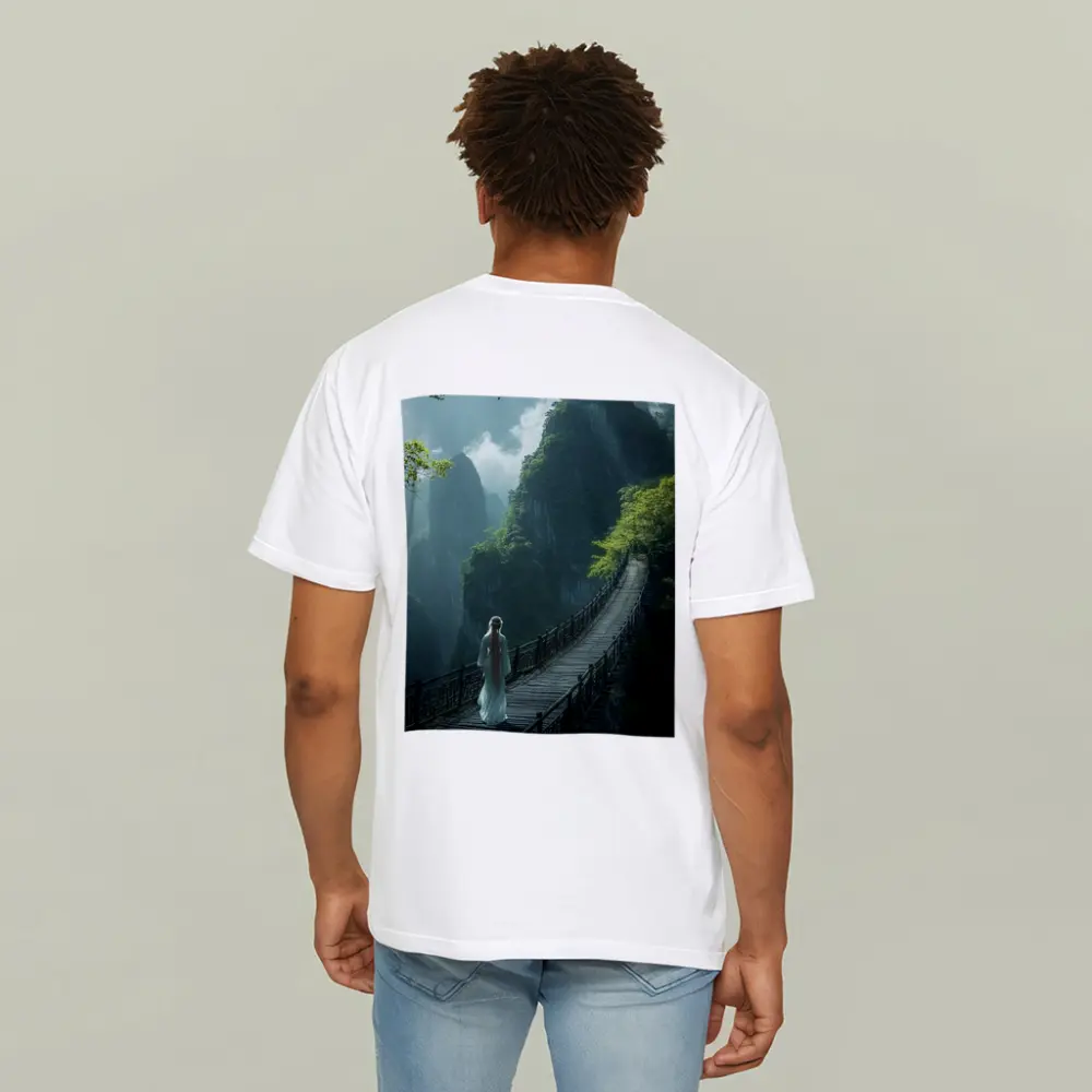 Woman in White Dress on Mountain Bridge – T-Shirts