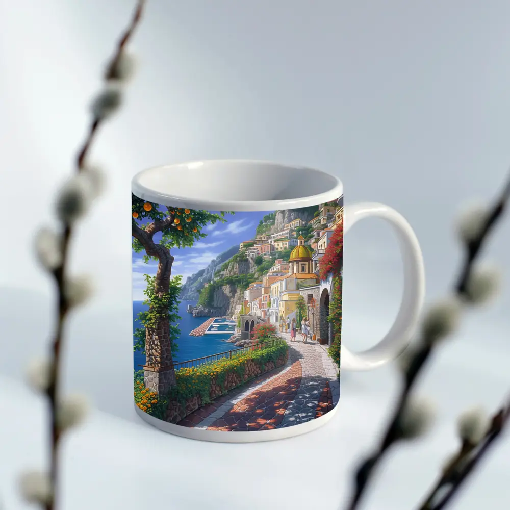 Amalfi Coast Italy Cliffside Village Pathway Art – Mugs
