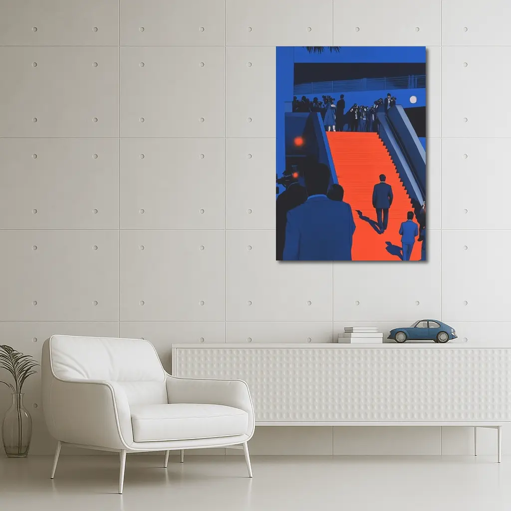 Red Carpet Staircase Blue Night Illustration – Wall Art