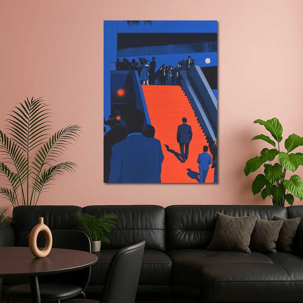 Red Carpet Staircase Blue Night Illustration – Wall Art