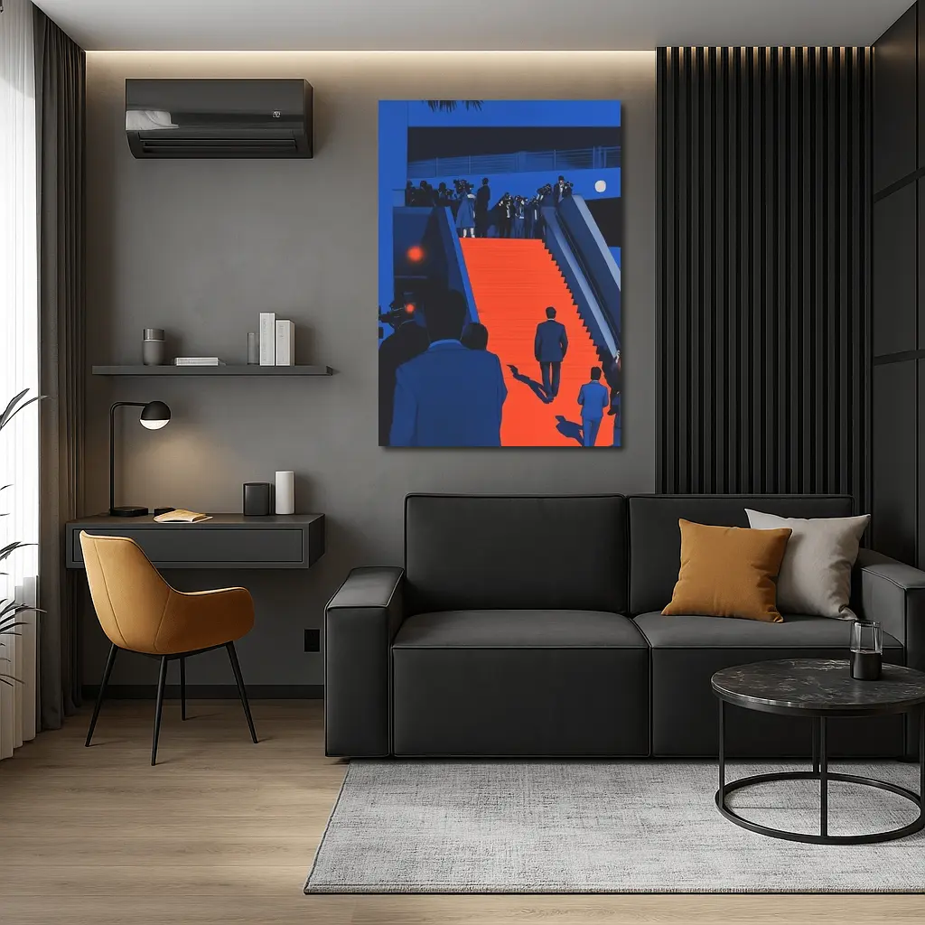 Red Carpet Staircase Blue Night Illustration – Wall Art