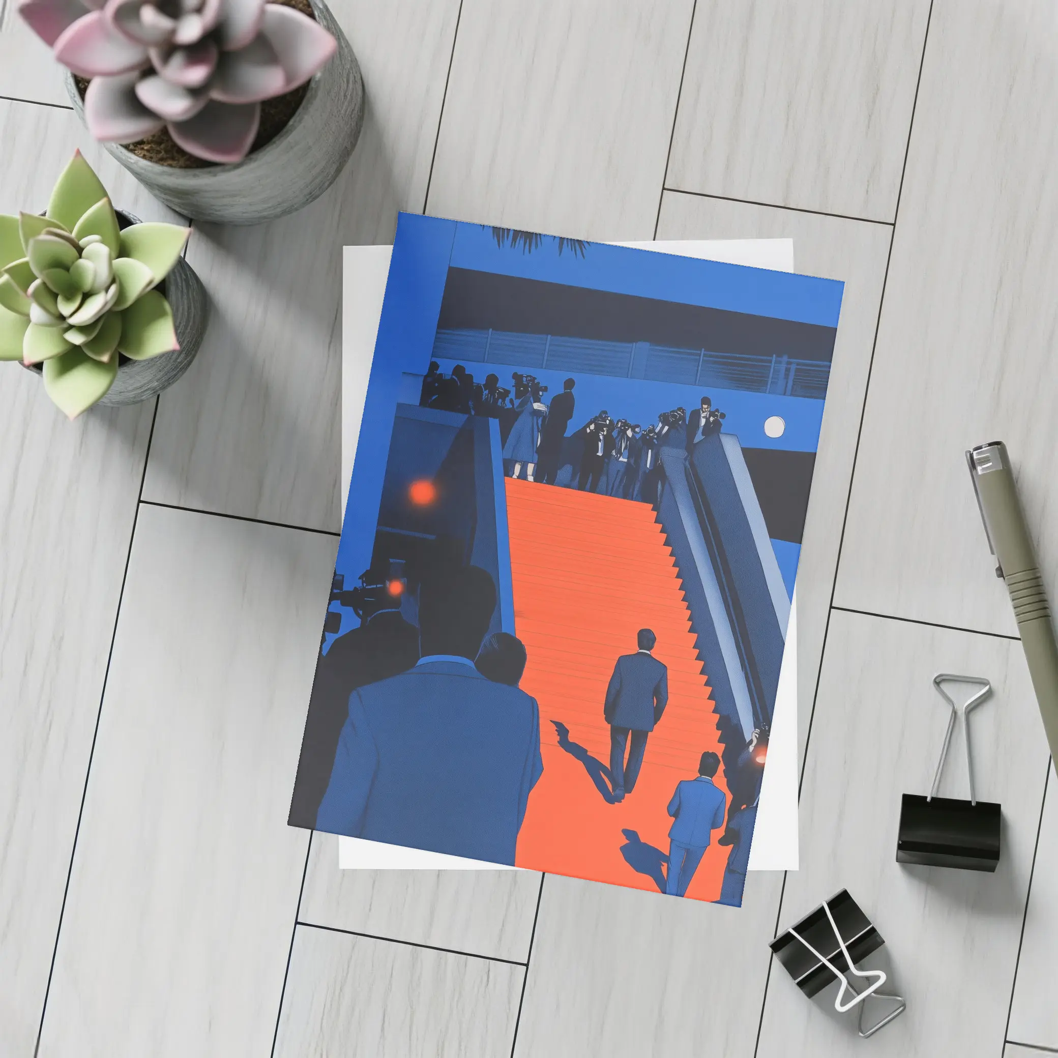 Red Carpet Staircase Blue Night Illustration – Postcards