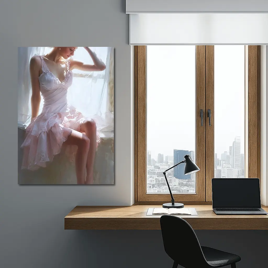 Young Woman Pink Dress Window Light Painting – Wall Art