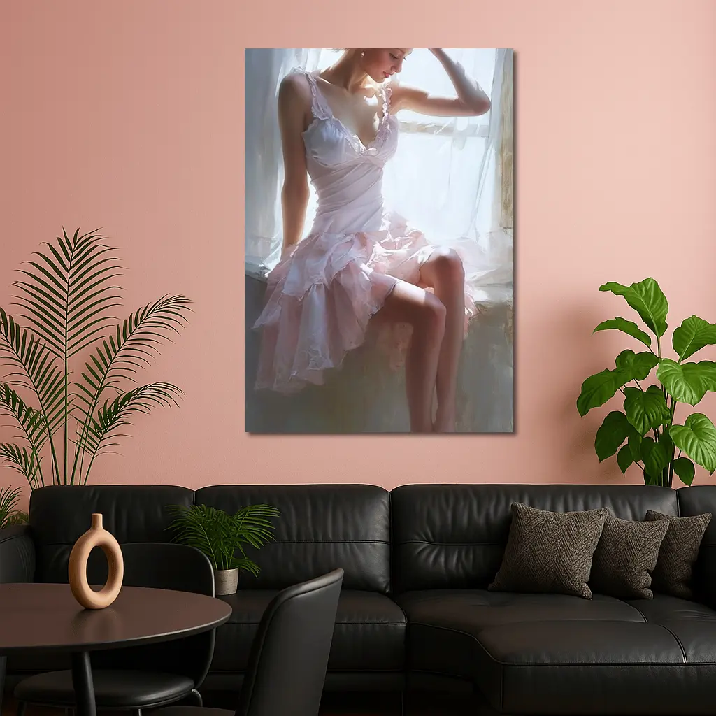 Young Woman Pink Dress Window Light Painting – Wall Art