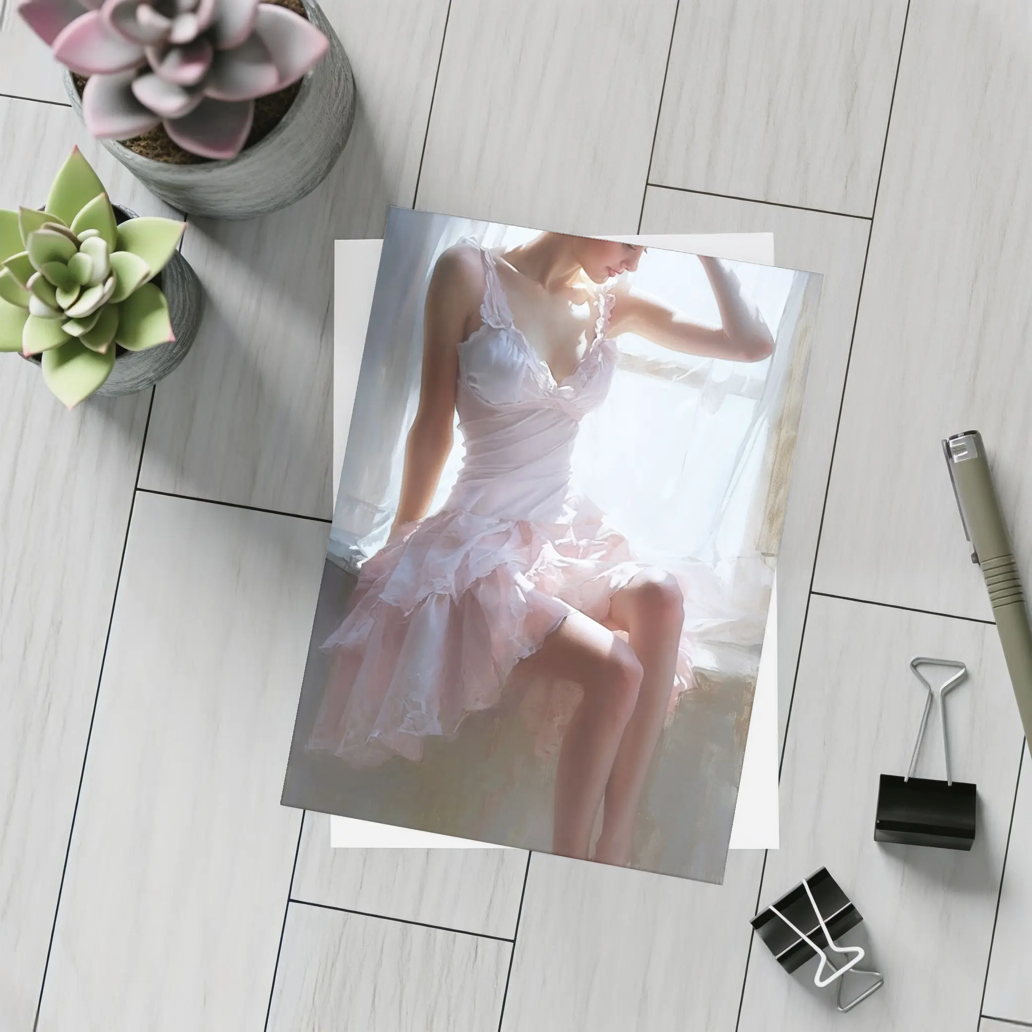 Young Woman Pink Dress Window Light Painting – Postcards