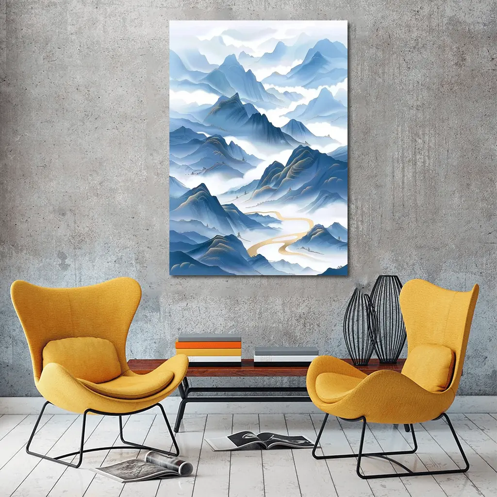 Blue Mountain Mist Chinese Ink Art – Wall Art